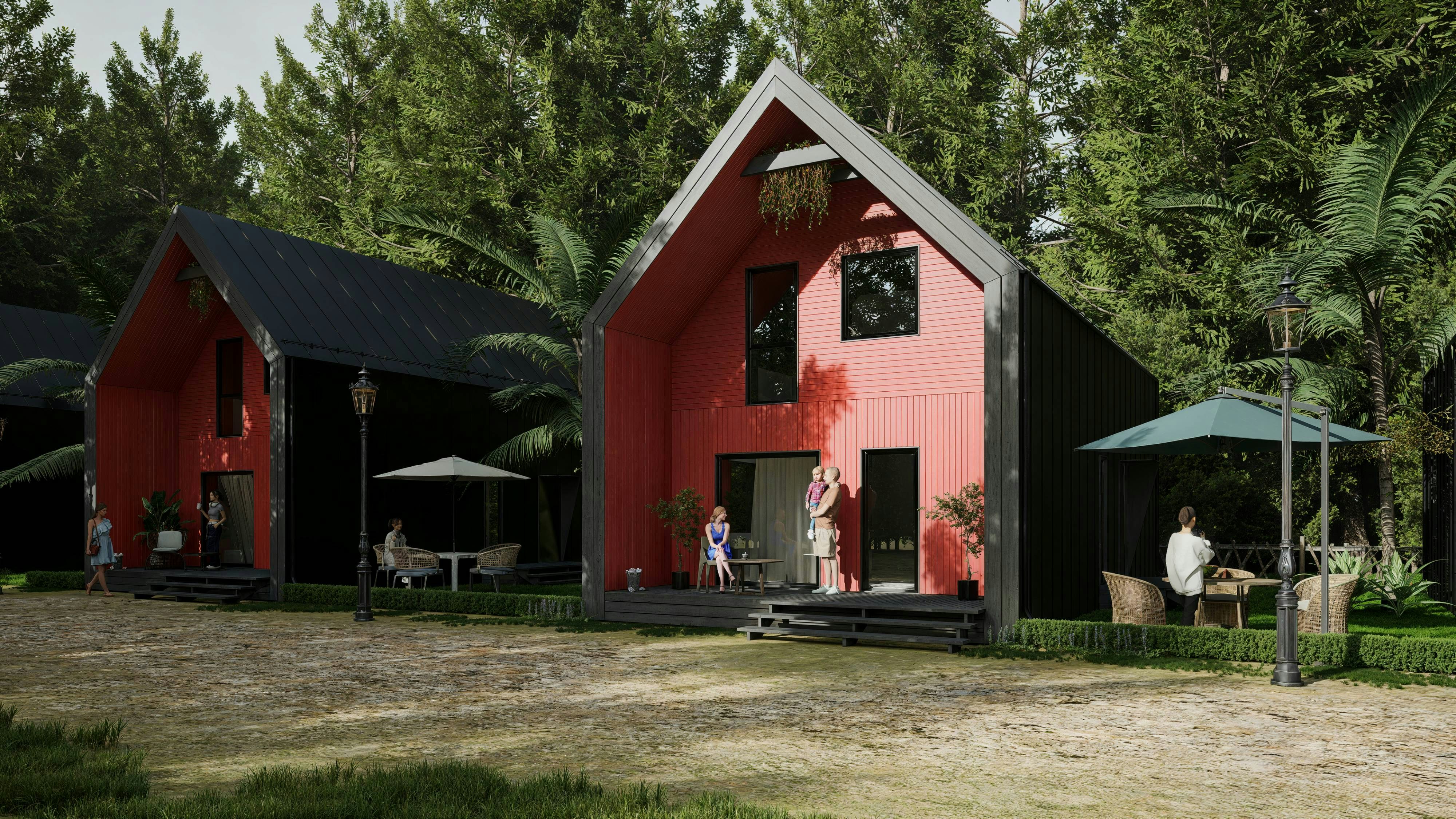 A couple of red houses sitting next to each other