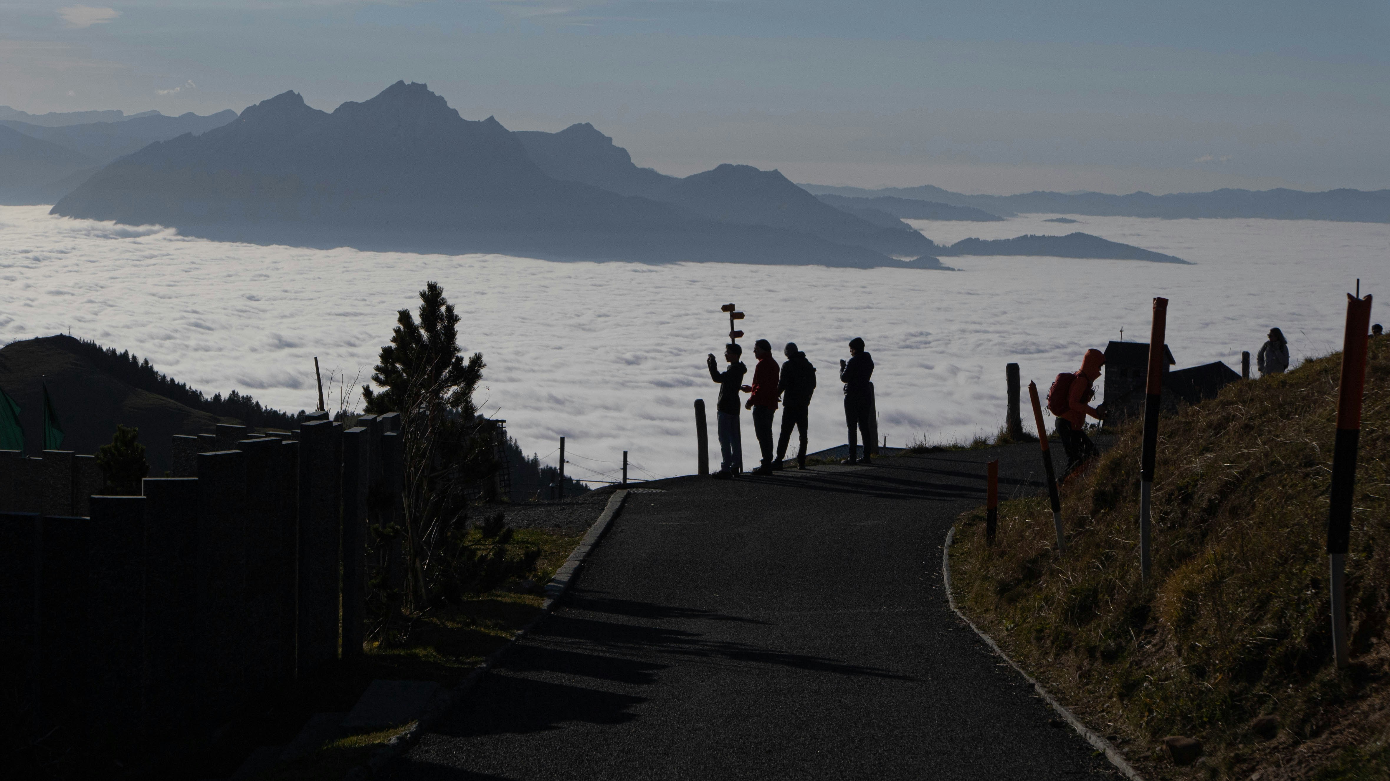 A group of people standing on the side of a road