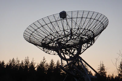 A very large satellite dish sitting in the middle of a forest