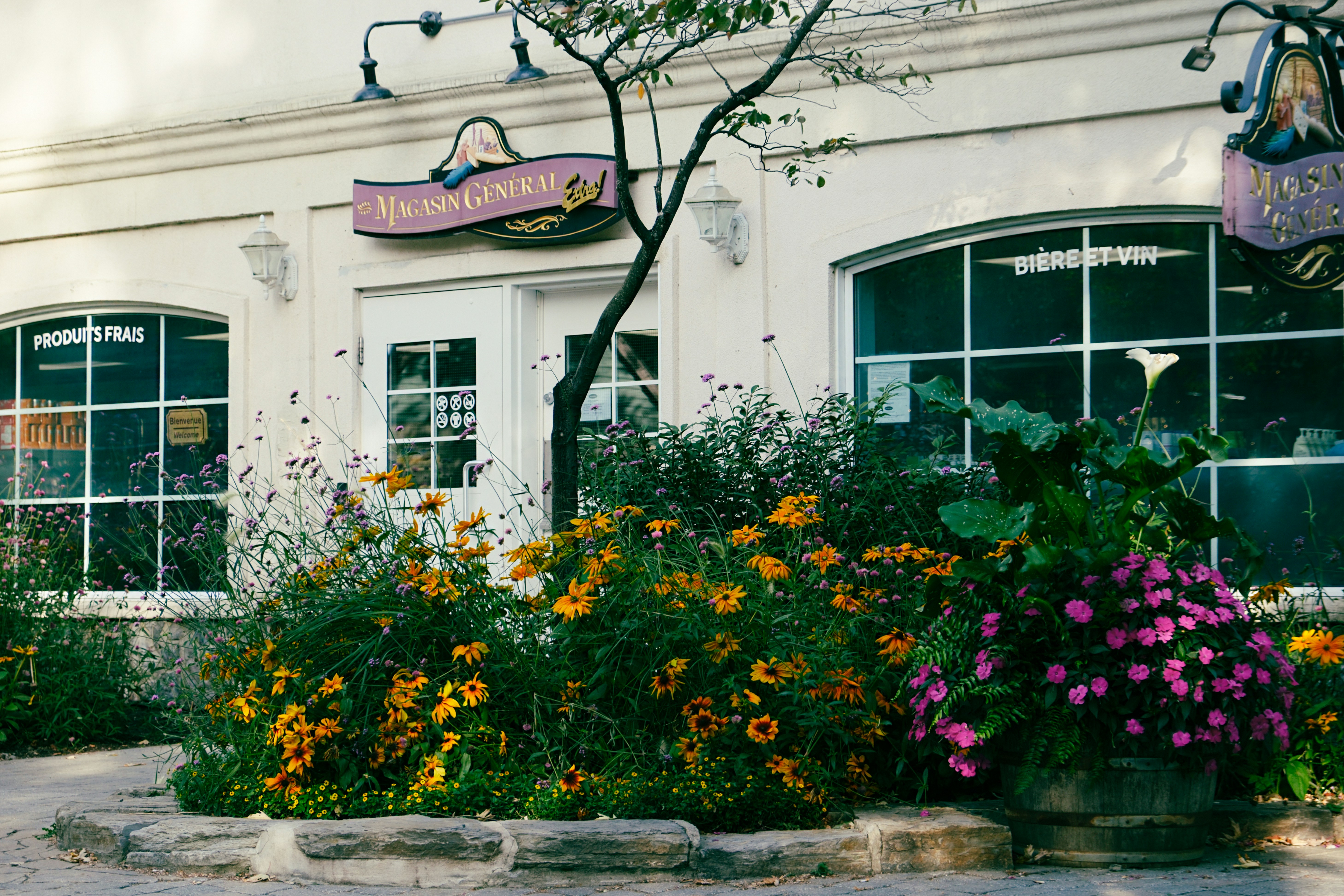A white building with a bunch of flowers in front of it