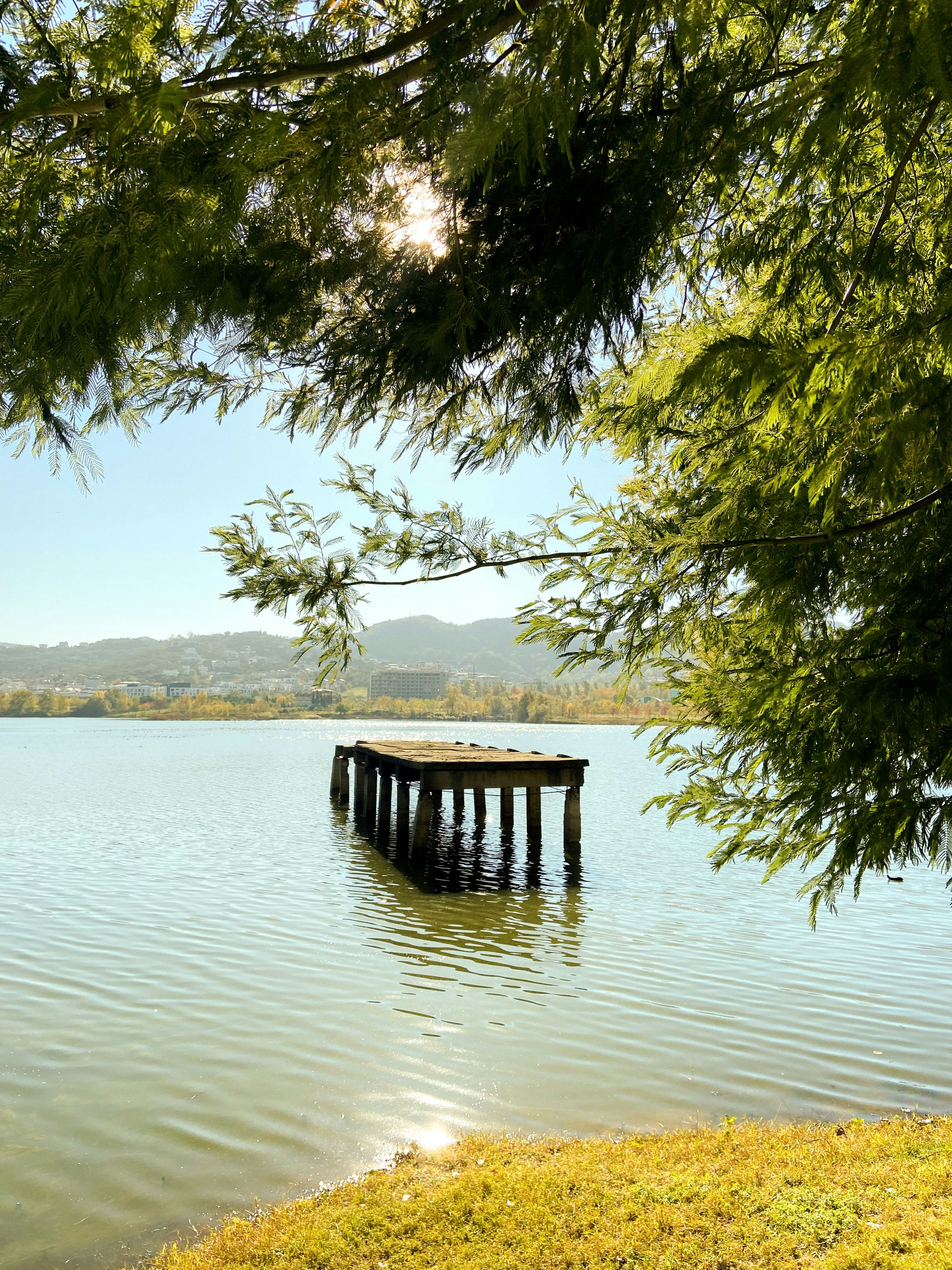 A lake with a dock in the middle of it