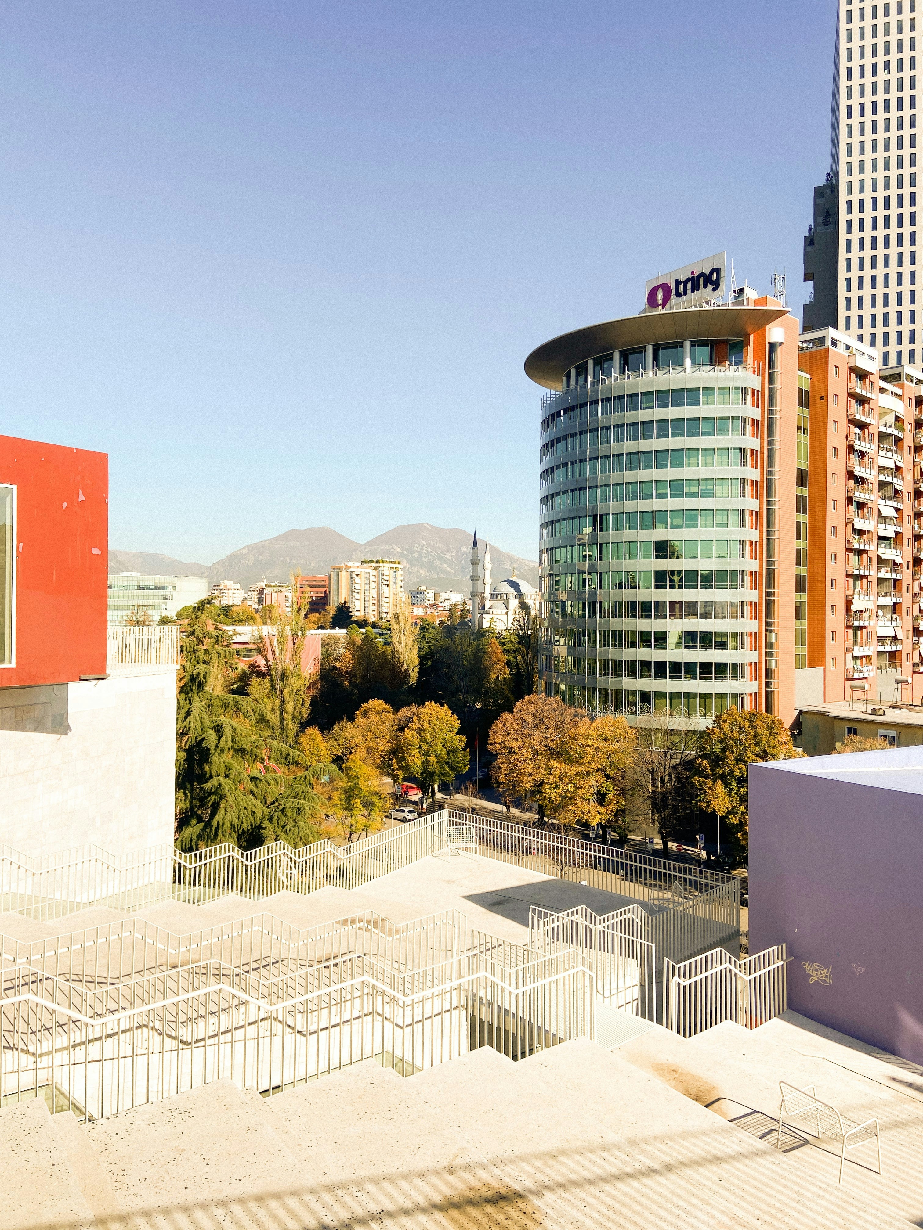 A view of a city with tall buildings