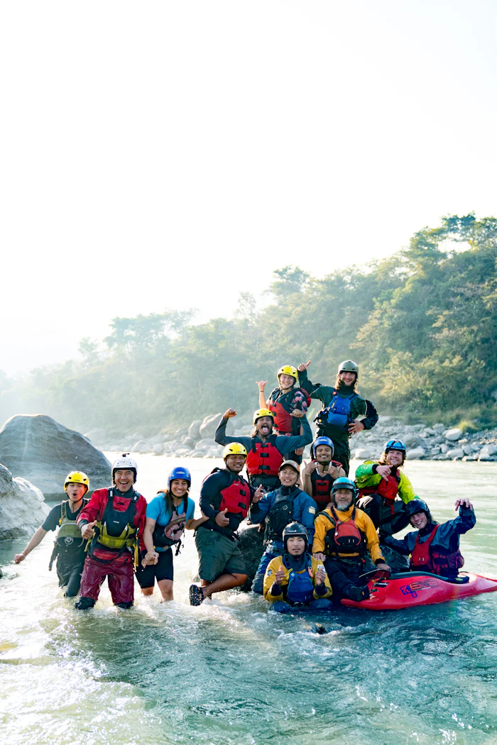 Group on a raft in the river