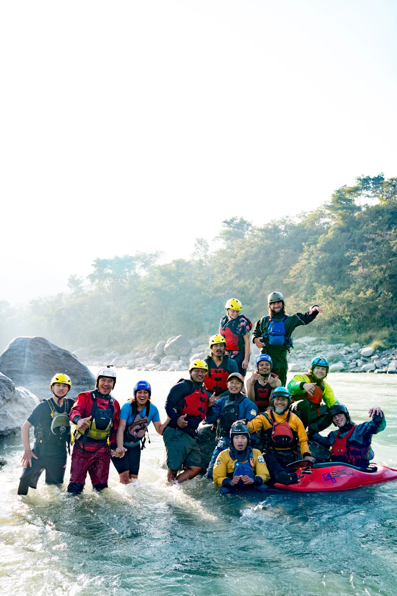 Group riding on the back of a raft
