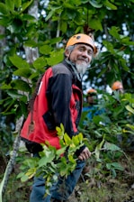 A man wearing a helmet standing in a forest