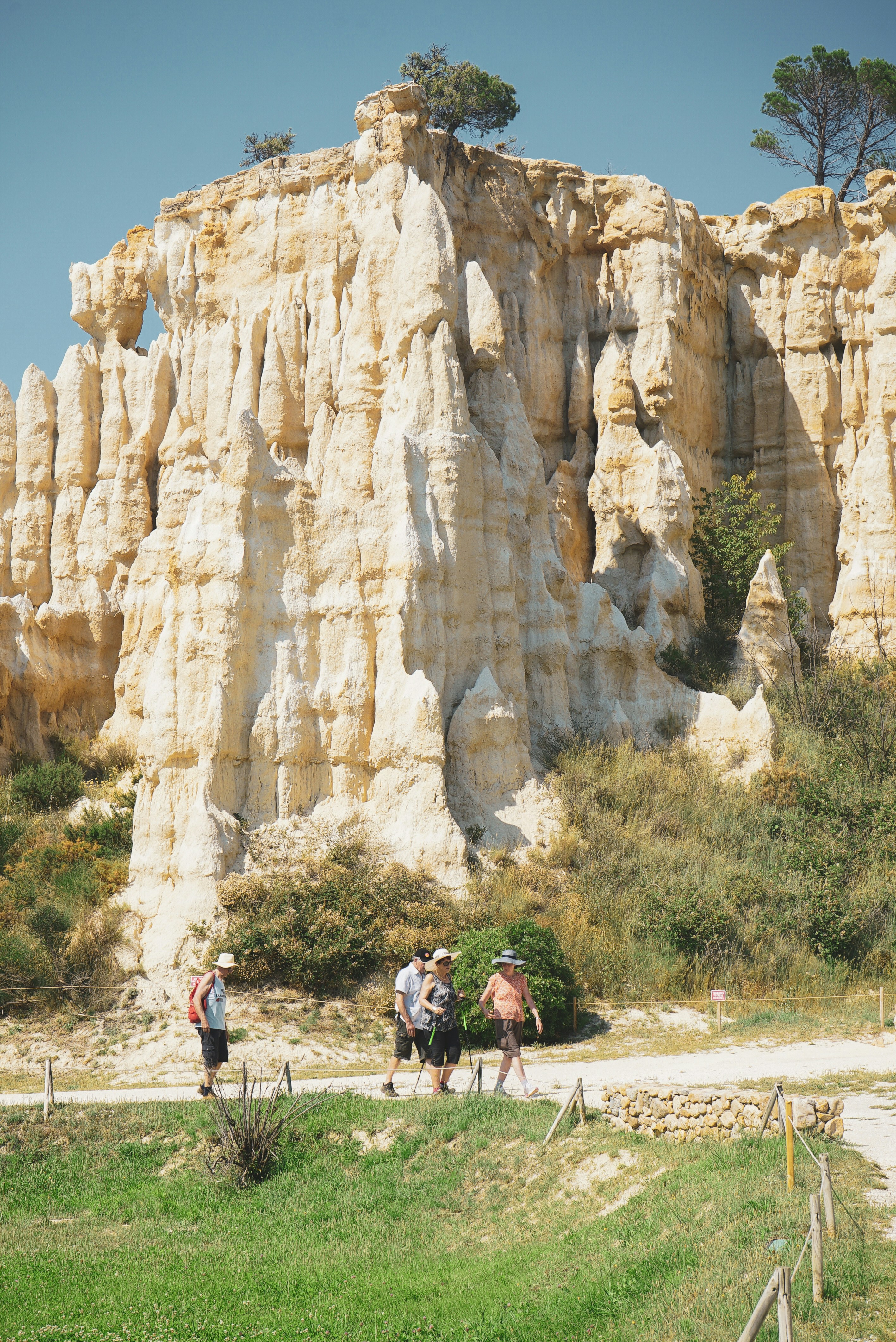 A group of people standing in front of a rock formation