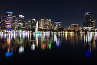 A view of a city at night from across the water
