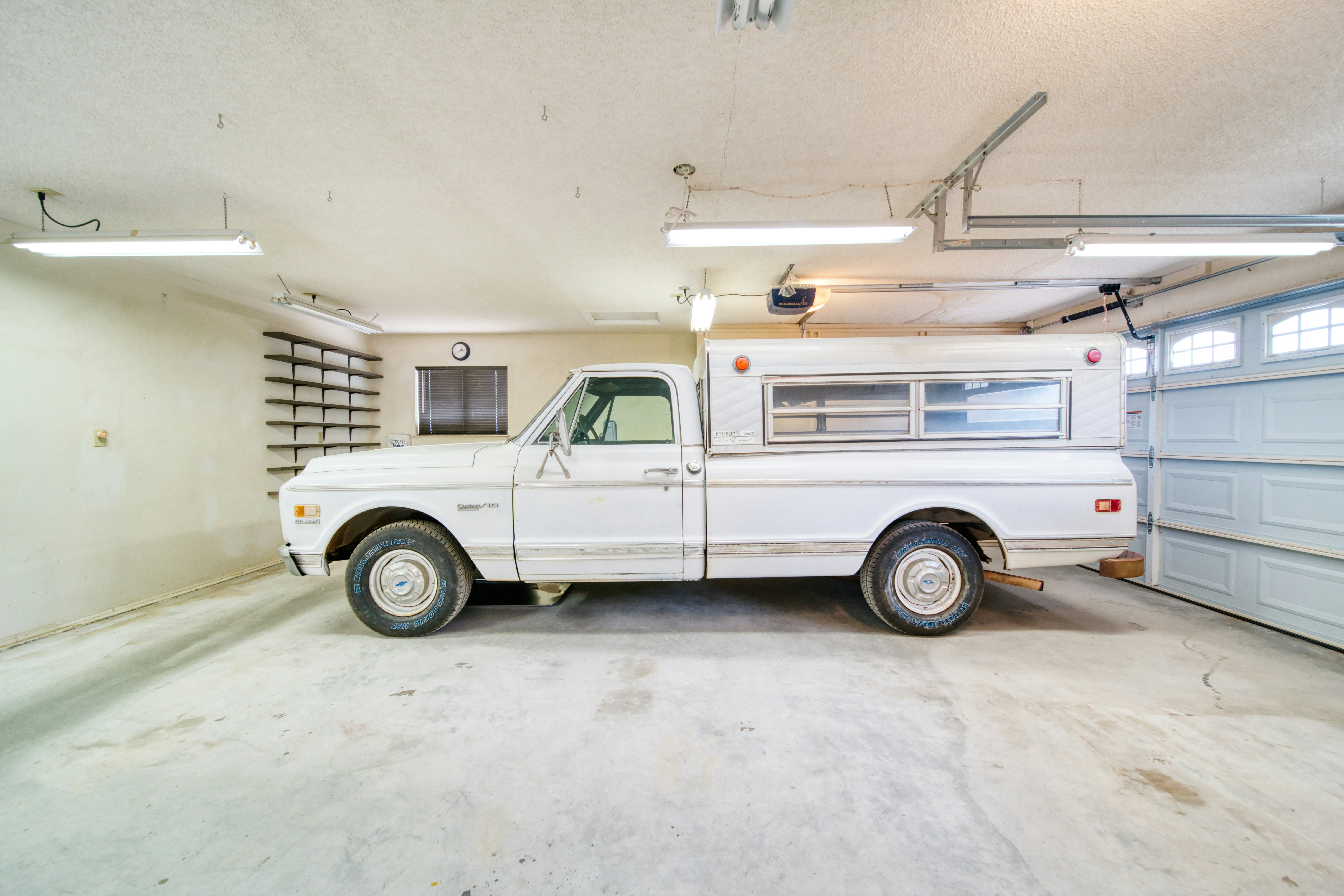 White truck in garage