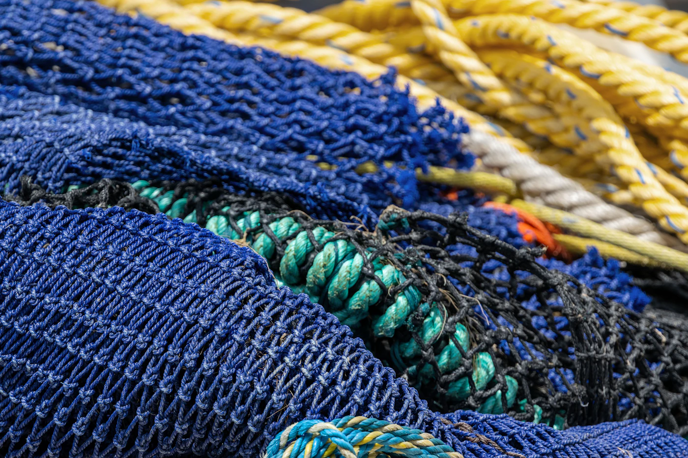 Coiled blue and yellow deck ropes and fishing gear, representing the equipment hazards behind common fishing vessel injuries