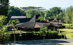 A large building with a black roof surrounded by trees
