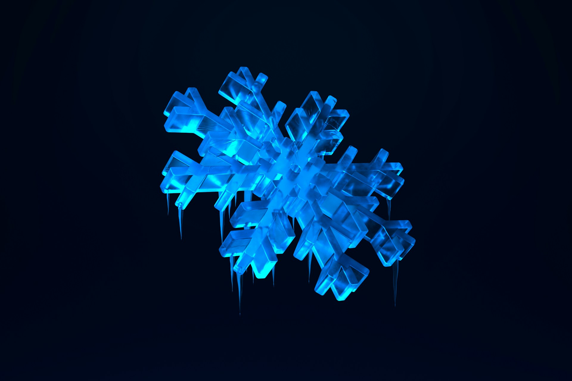 A blue snowflake on a black background