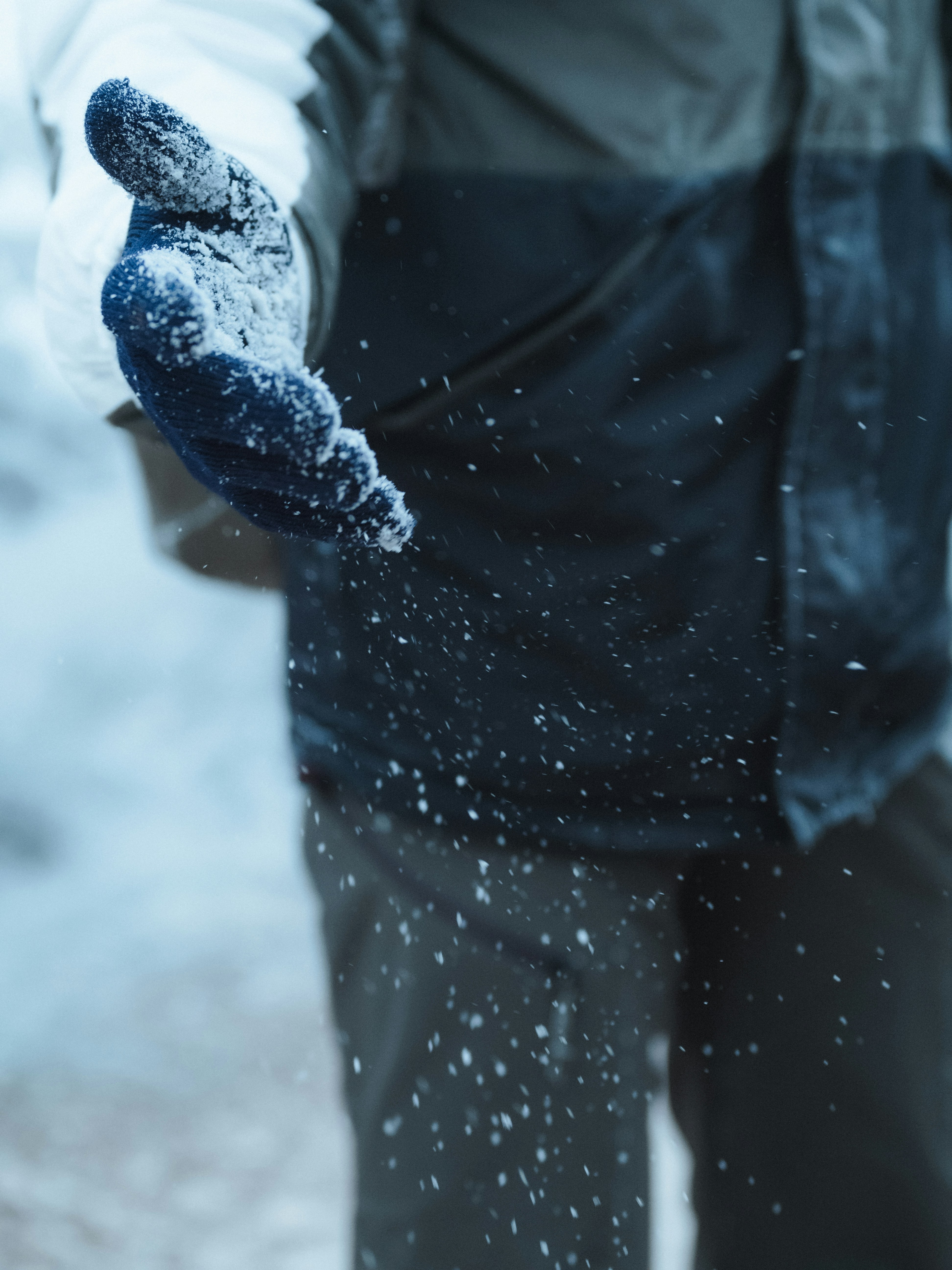 A person standing in the snow holding out their hand