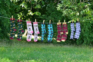A line of socks hanging from a clothes line