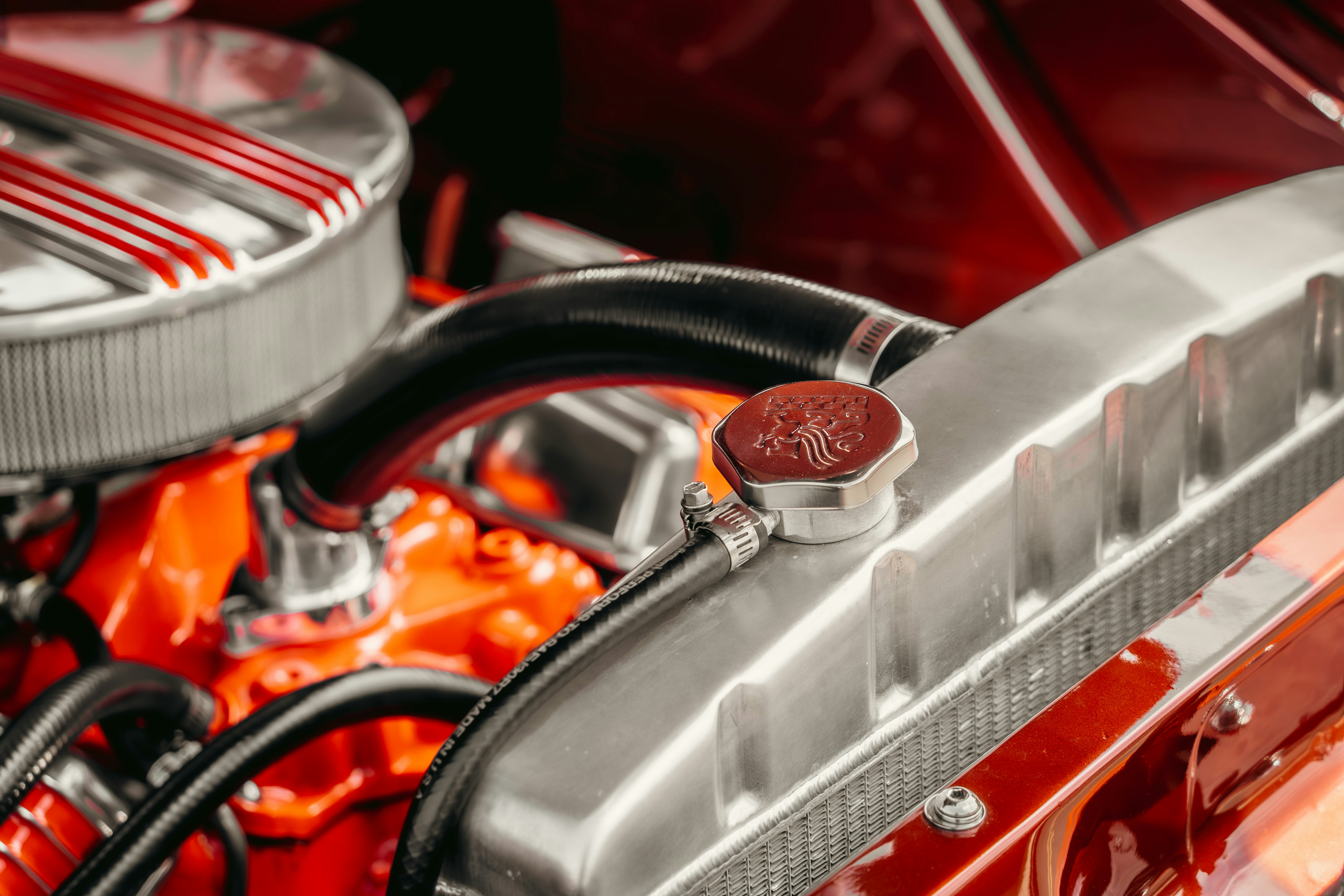 A close up of the engine of a car