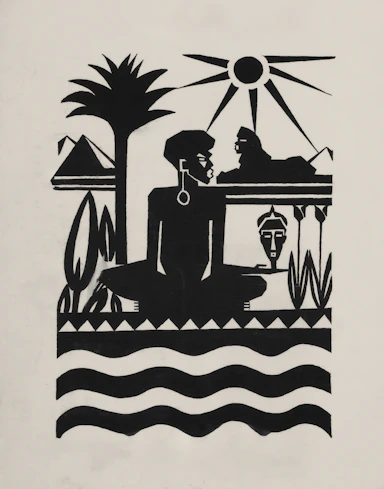 Stylized egyptian scene with person and sphinx