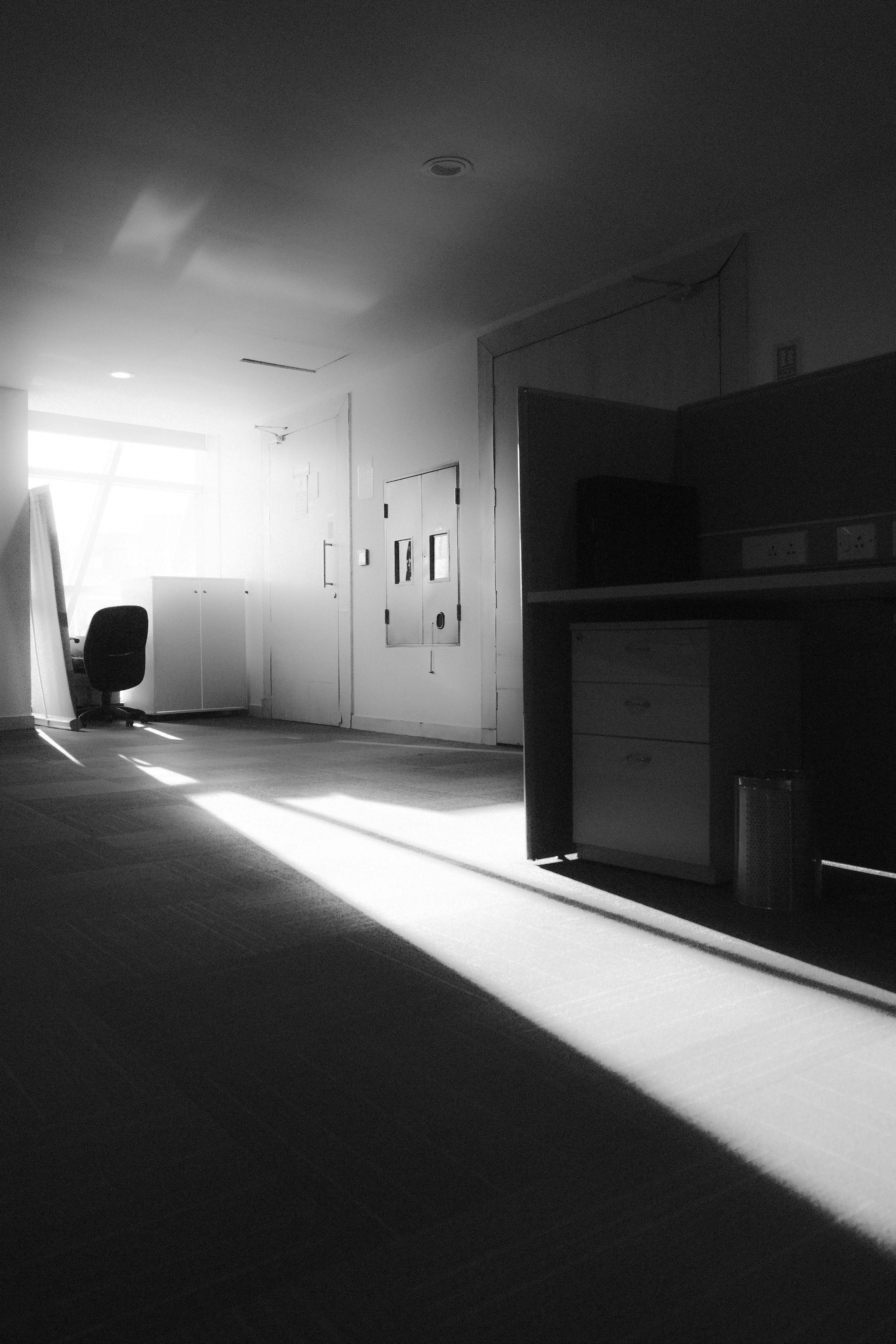 A black and white photo of an empty room