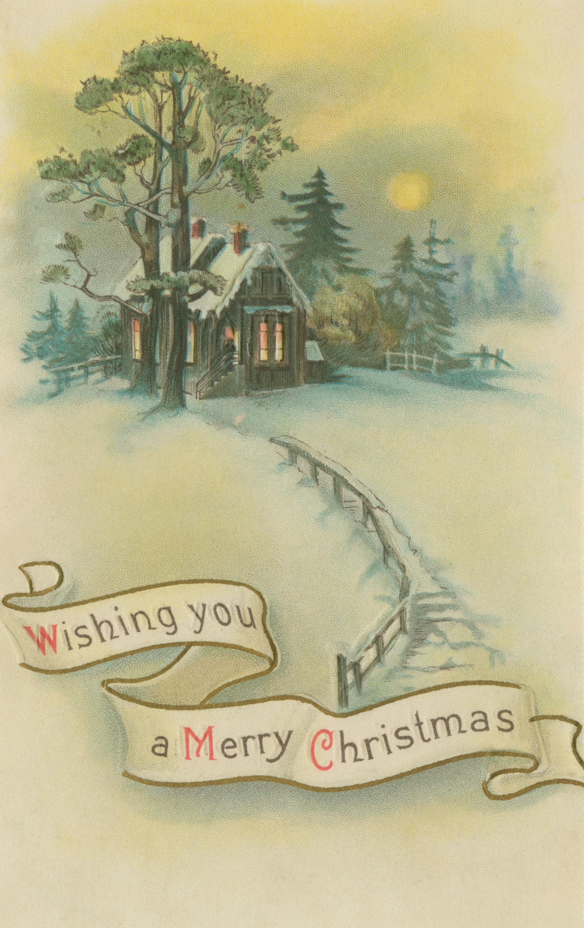 Snowy cabin with a bridge and christmas greeting