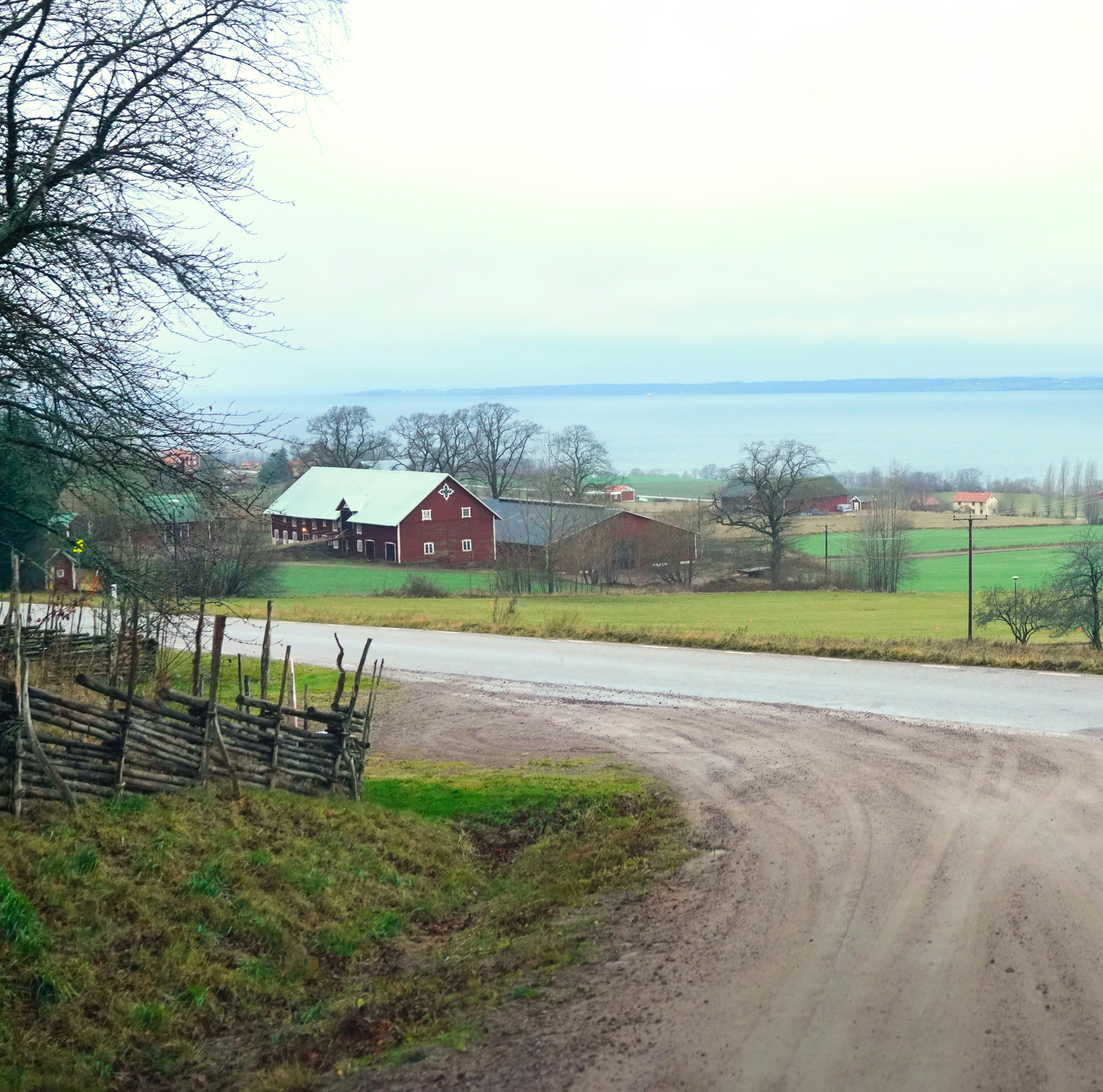 Ein Feldweg mit einer roten Scheune in der Ferne