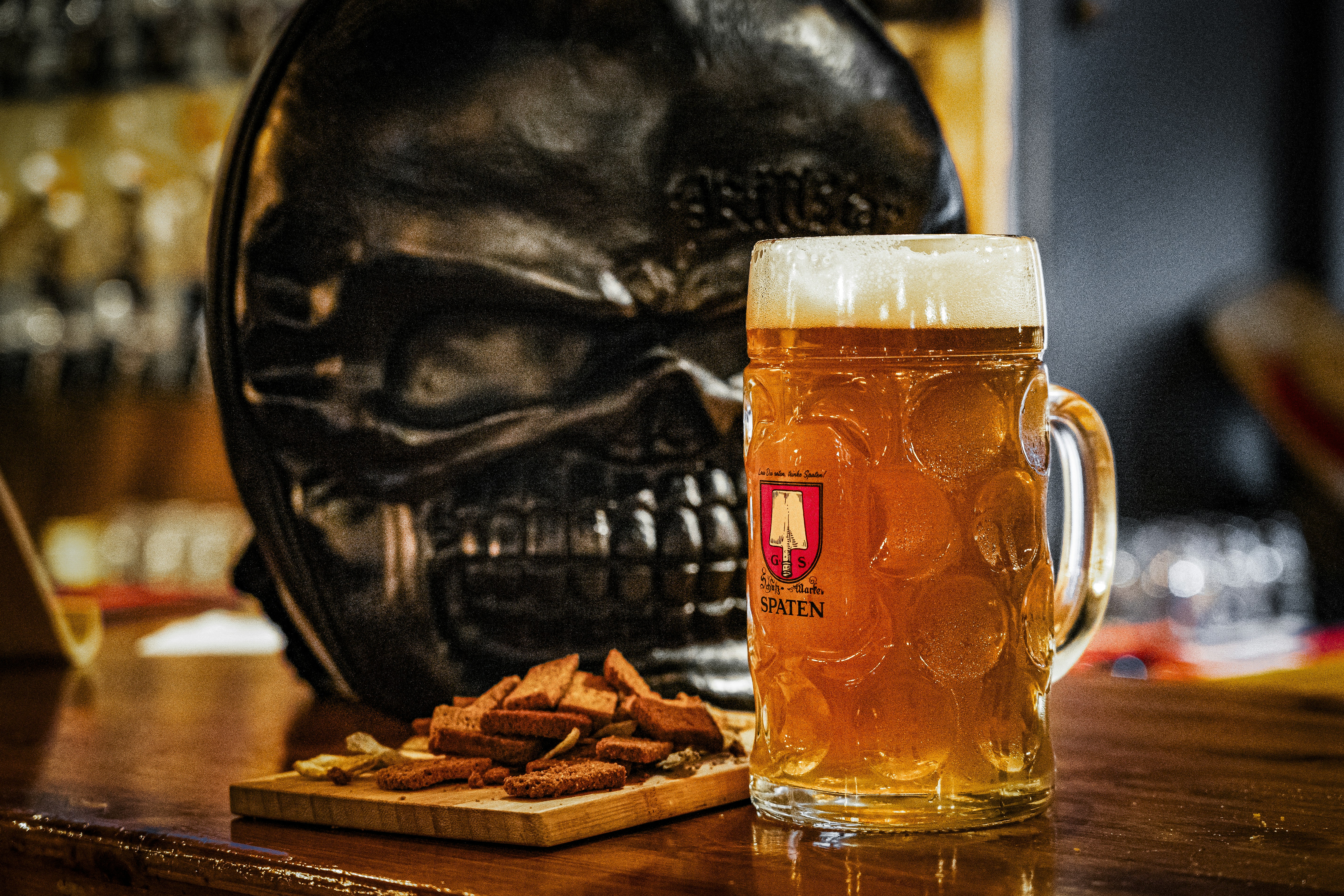 Traditional tavern interior with beer and snacks