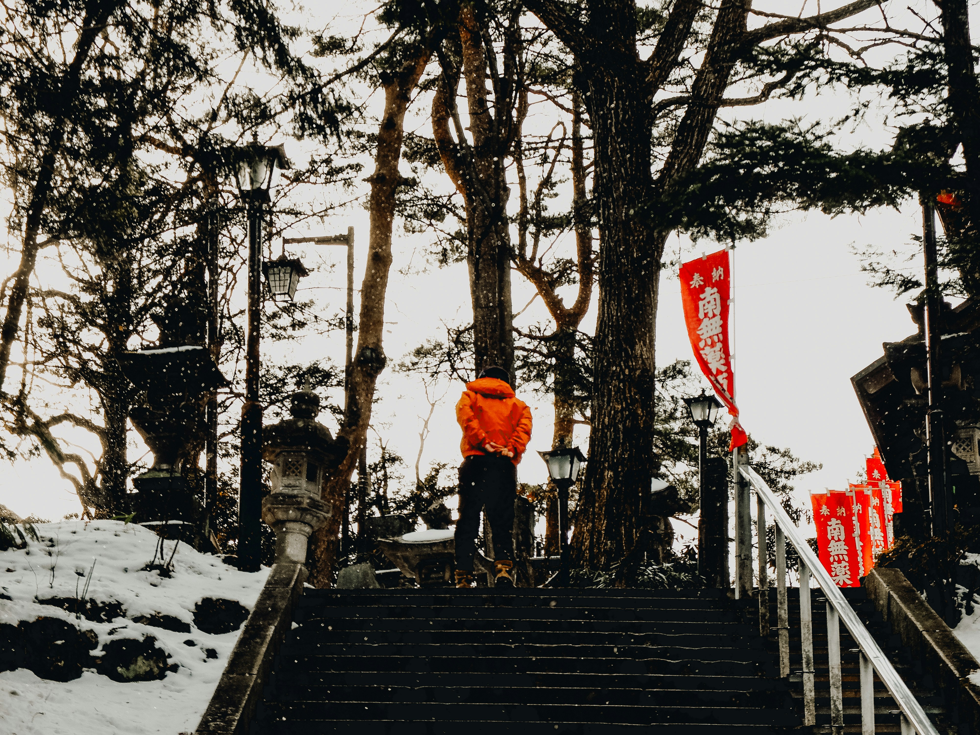 A person walking up a set of stairs in the snow