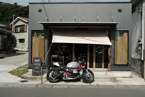 A motorcycle parked in front of a building