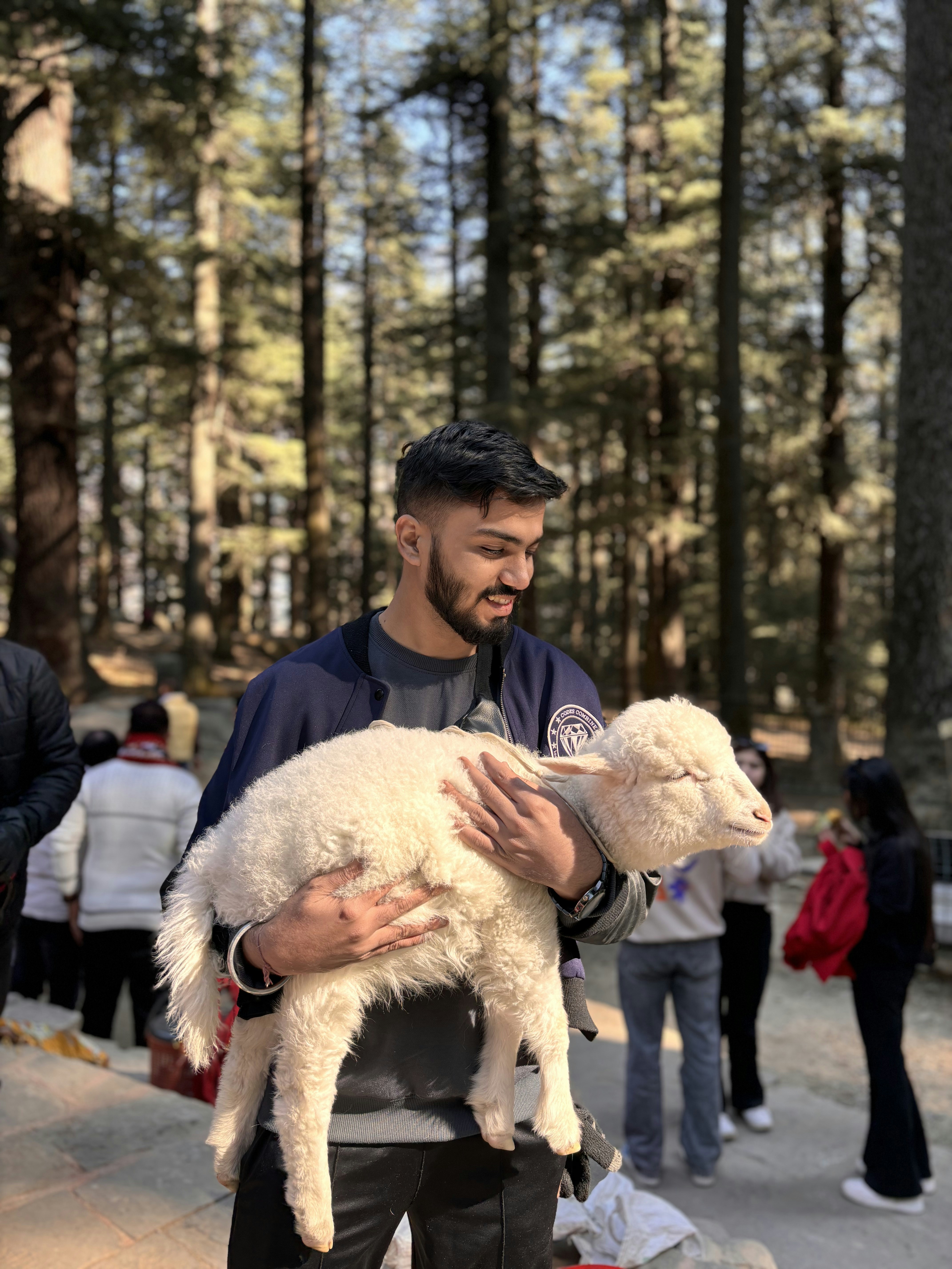 A man holding a white sheep in a forest