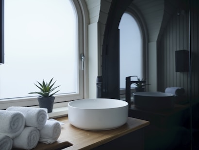 A bathroom with a large window and a bowl sink