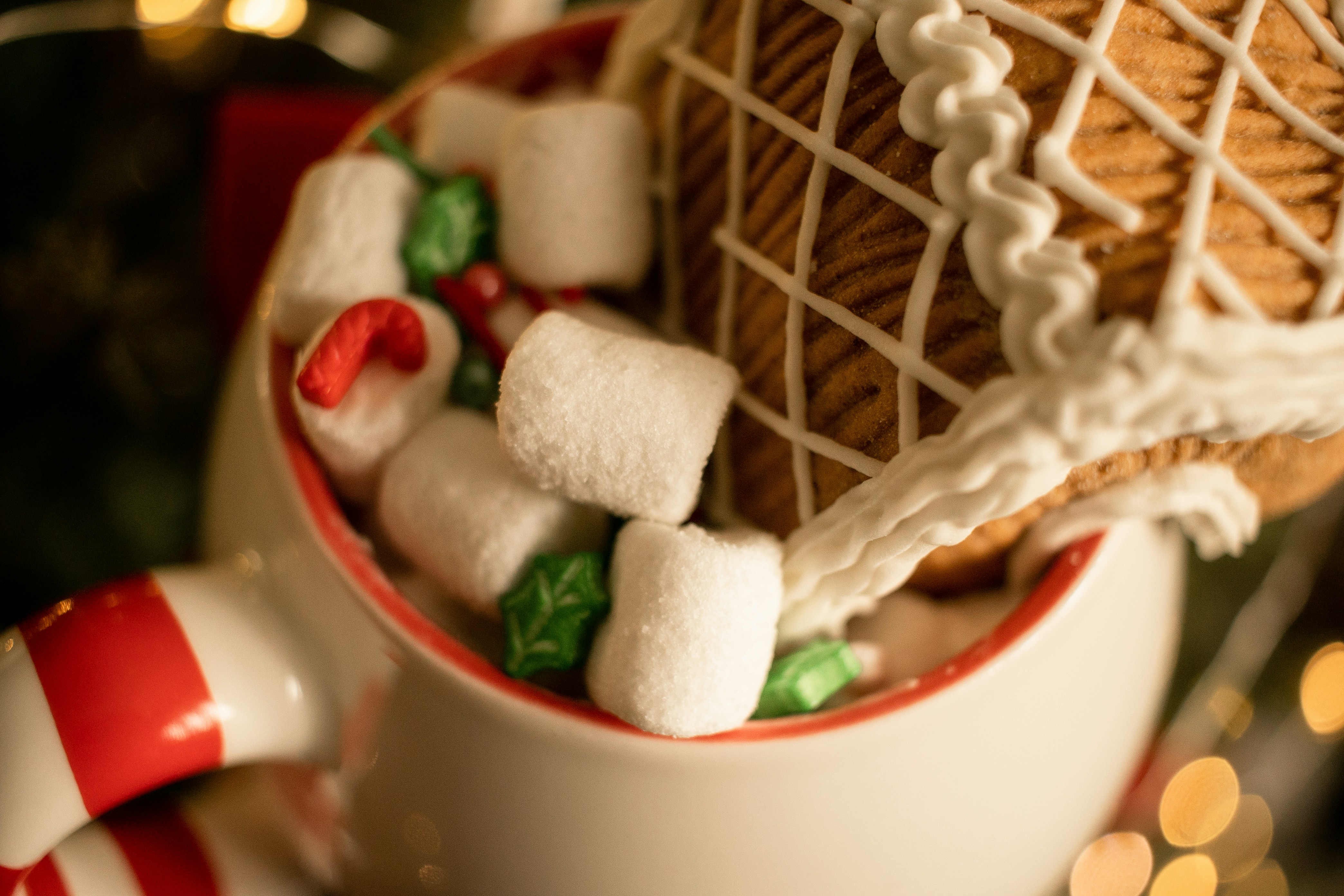 A cup of hot chocolate with marshmallows and candy canes