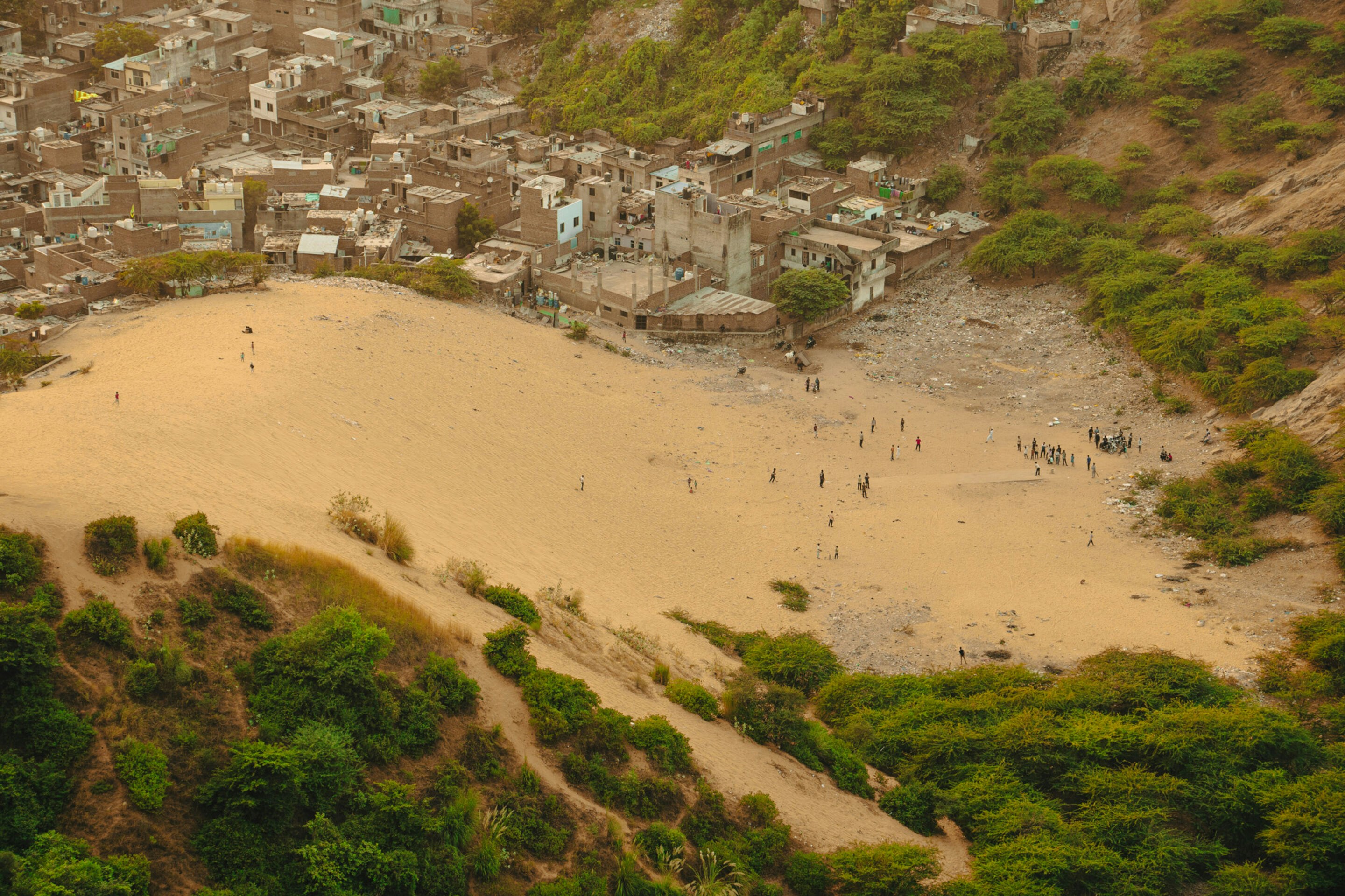 An aerial view of a city on a hill