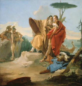 A classical scene with figures in ancient attire