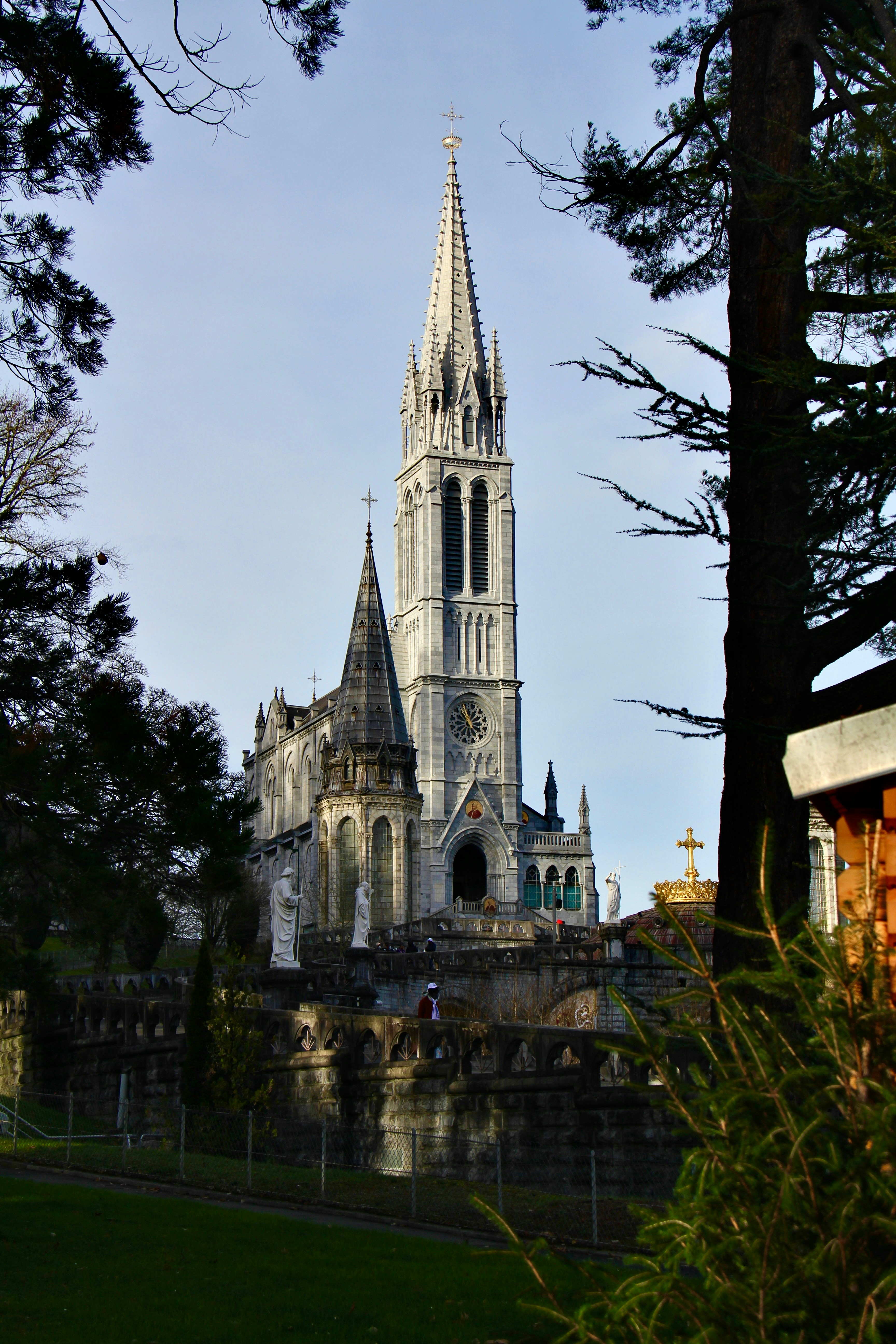 A large cathedral towering over a lush green park
