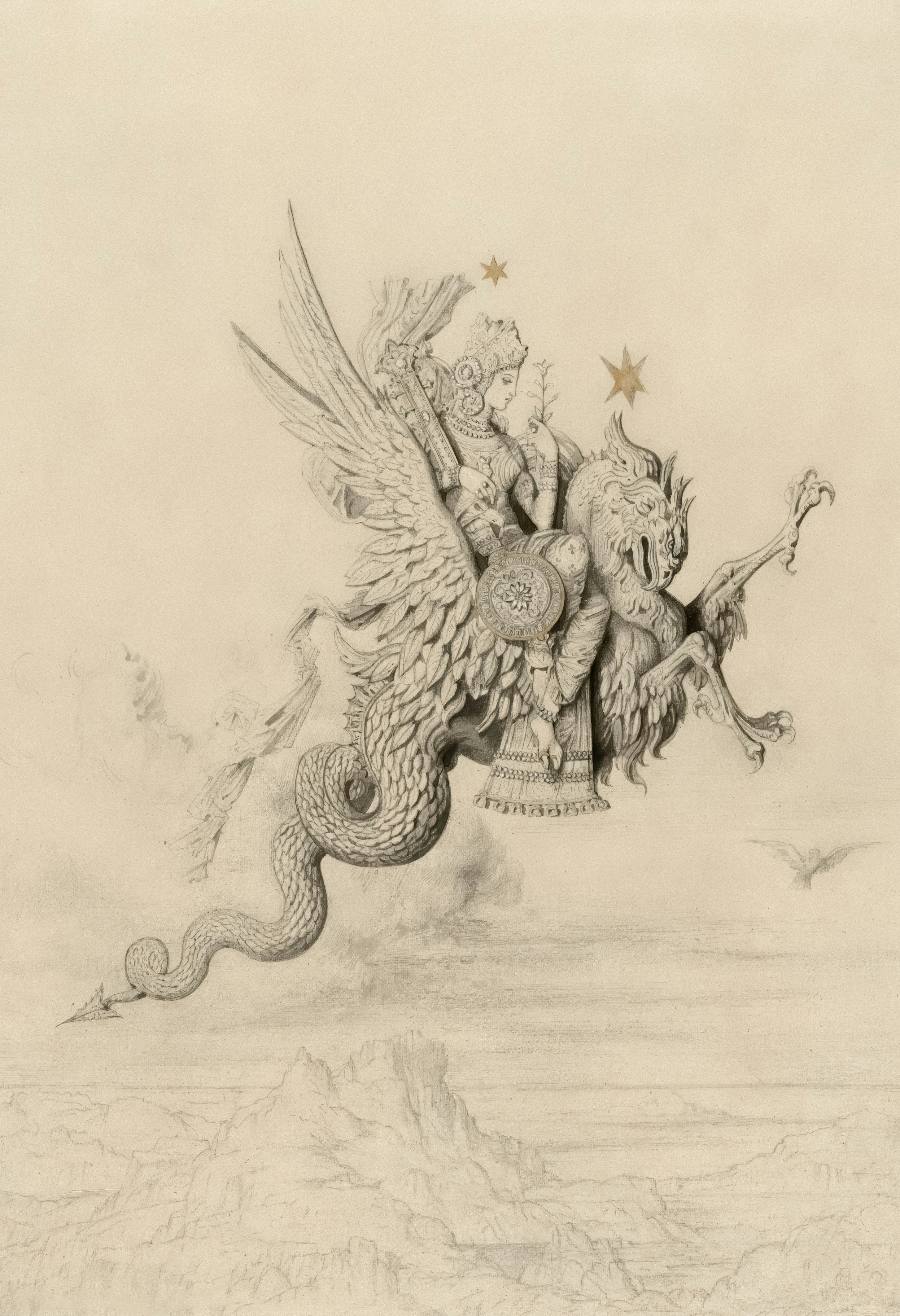Mythical winged creature with rider soars above landscape.
