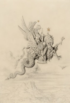 Mythical winged creature with rider soars above landscape.