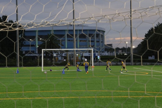 A group of people on a field playing soccer