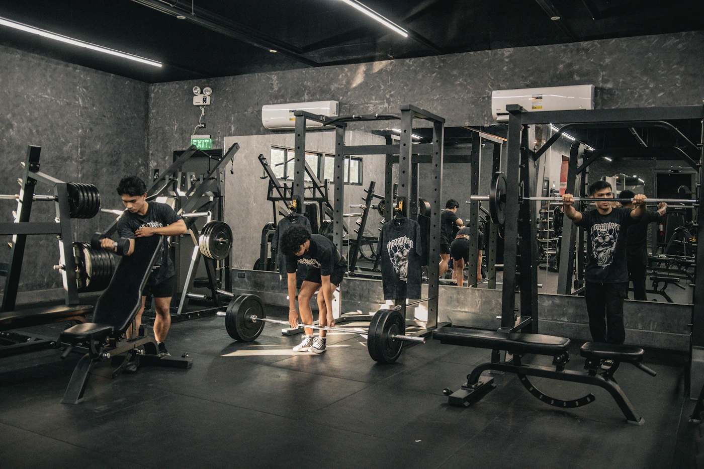 People training with weights in a gym