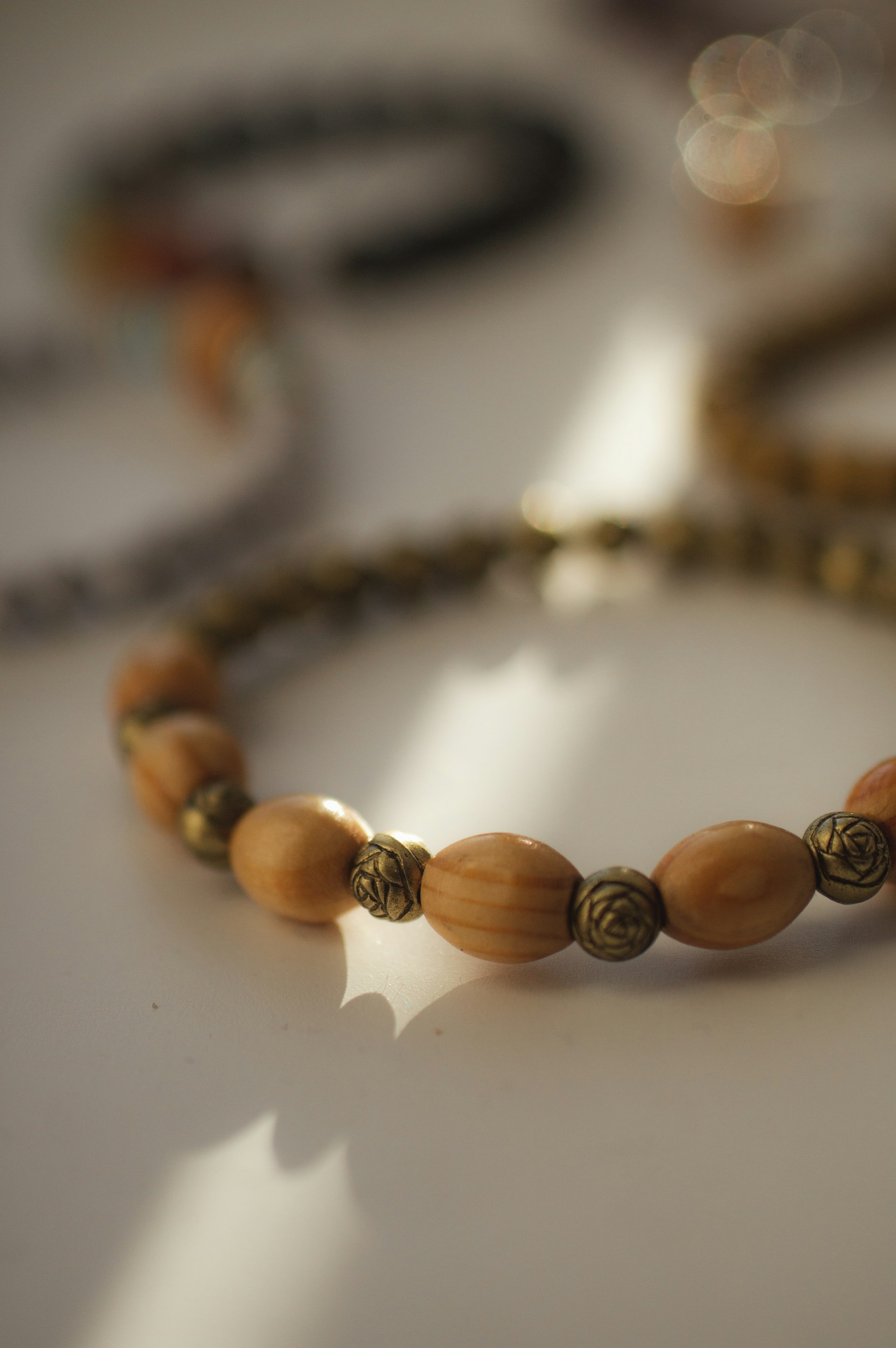 A close up of a bracelet on a table