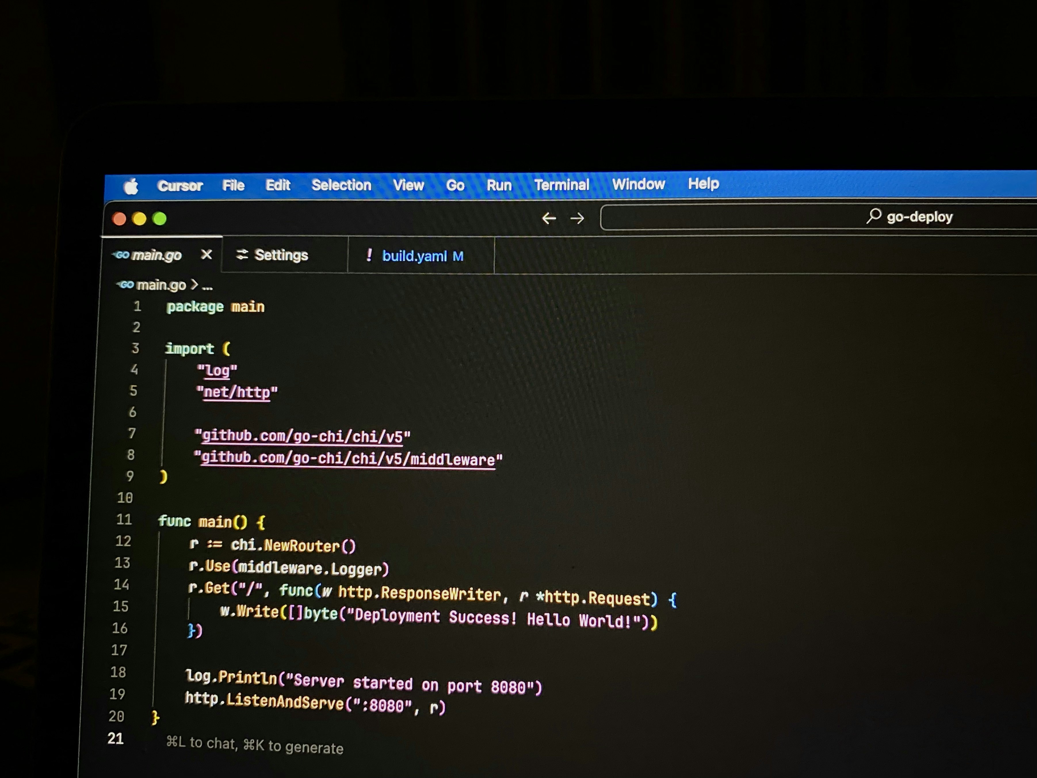Go programming language code on bright laptop screen in modern developer workspace