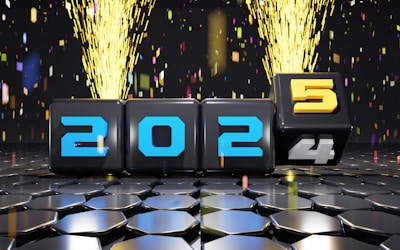 A 3D image of a number of blocks with fireworks in the background