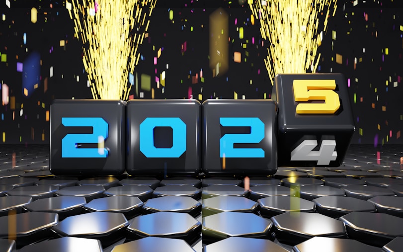 A 3D image of a number of blocks with fireworks in the background