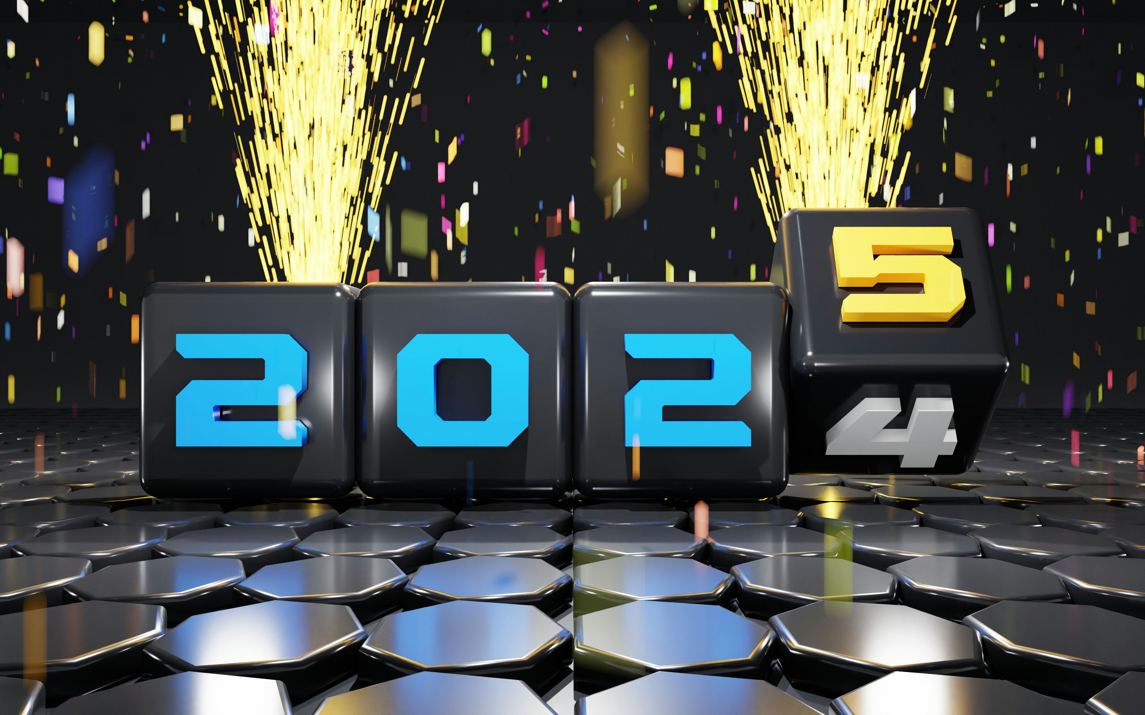 A 3D image of a number of blocks with fireworks in the background