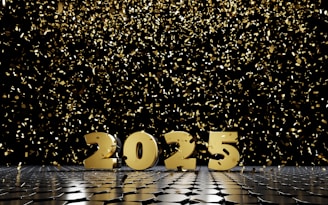 A black and white tiled floor with gold numbers and confetti