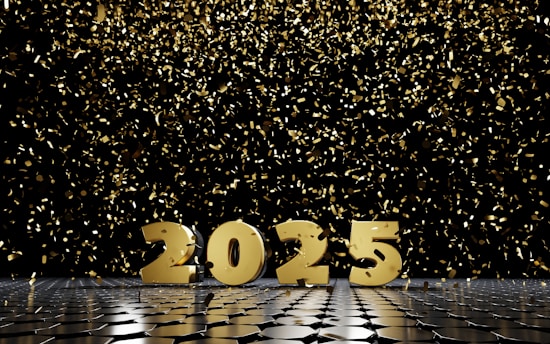 A black and white tiled floor with gold numbers and confetti