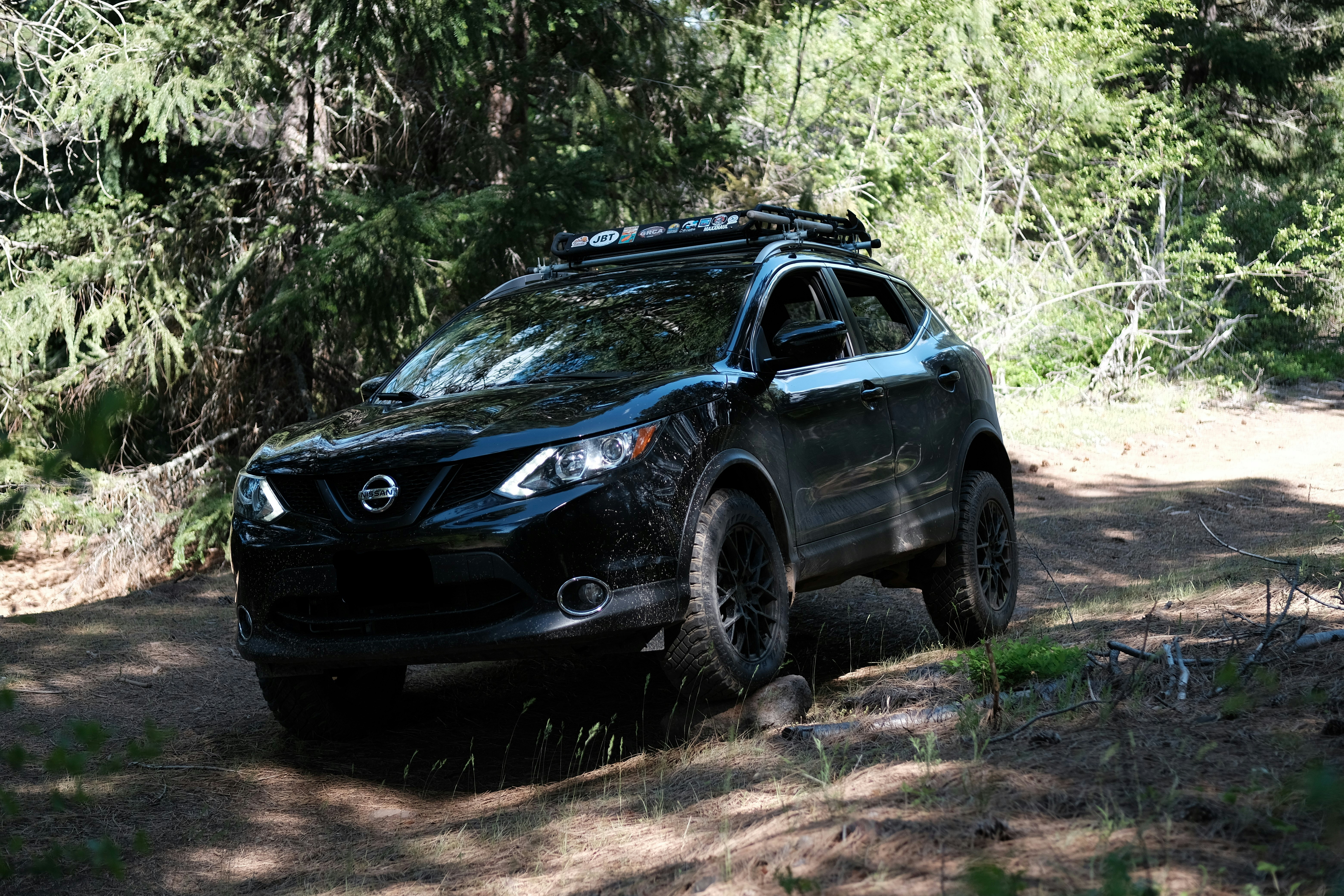 Un coche conduciendo por un camino de tierra en el bosque