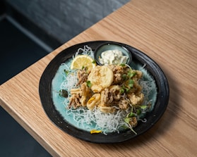 A plate of food on a wooden table