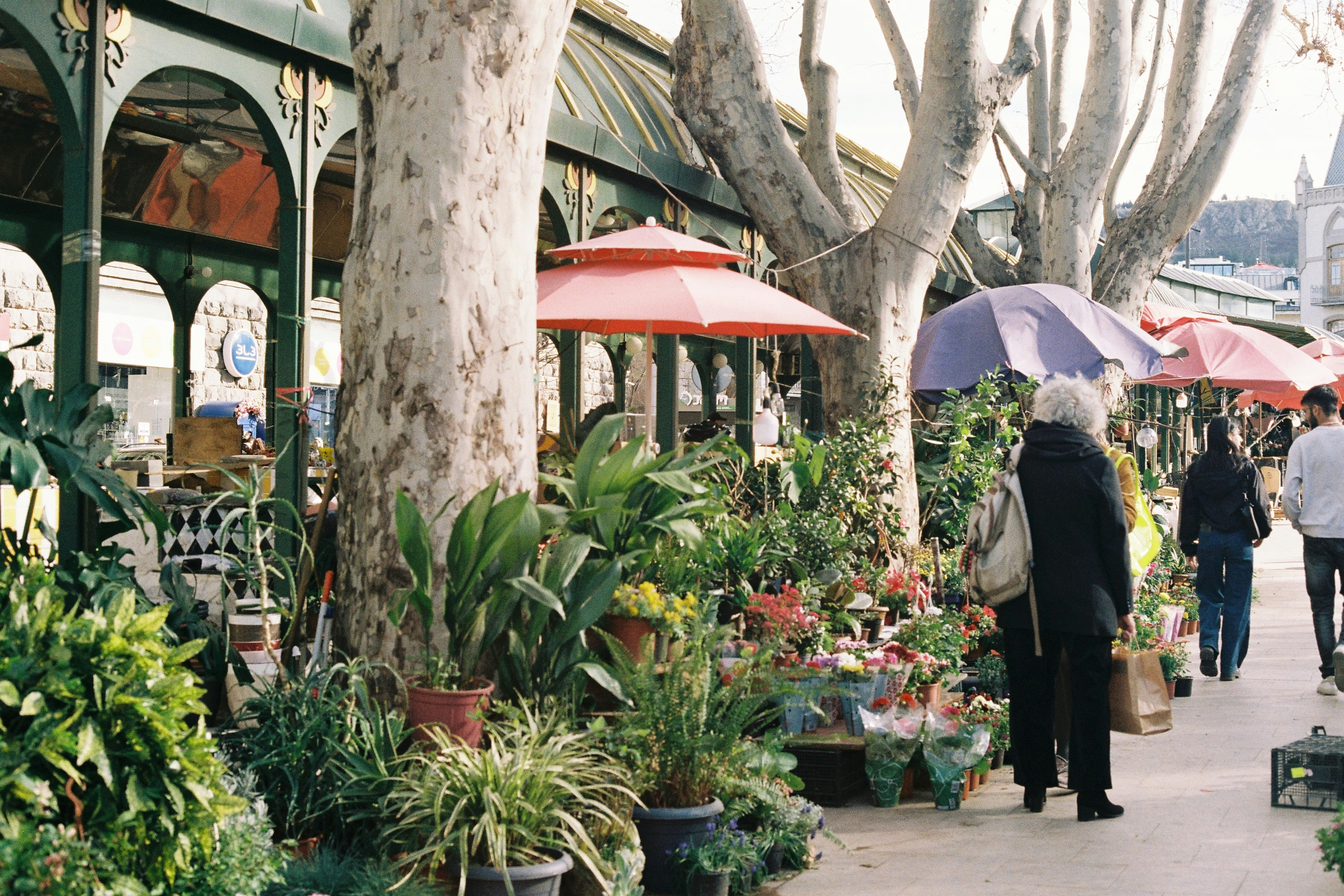 A group of people walking down a sidewalk with umbrellas