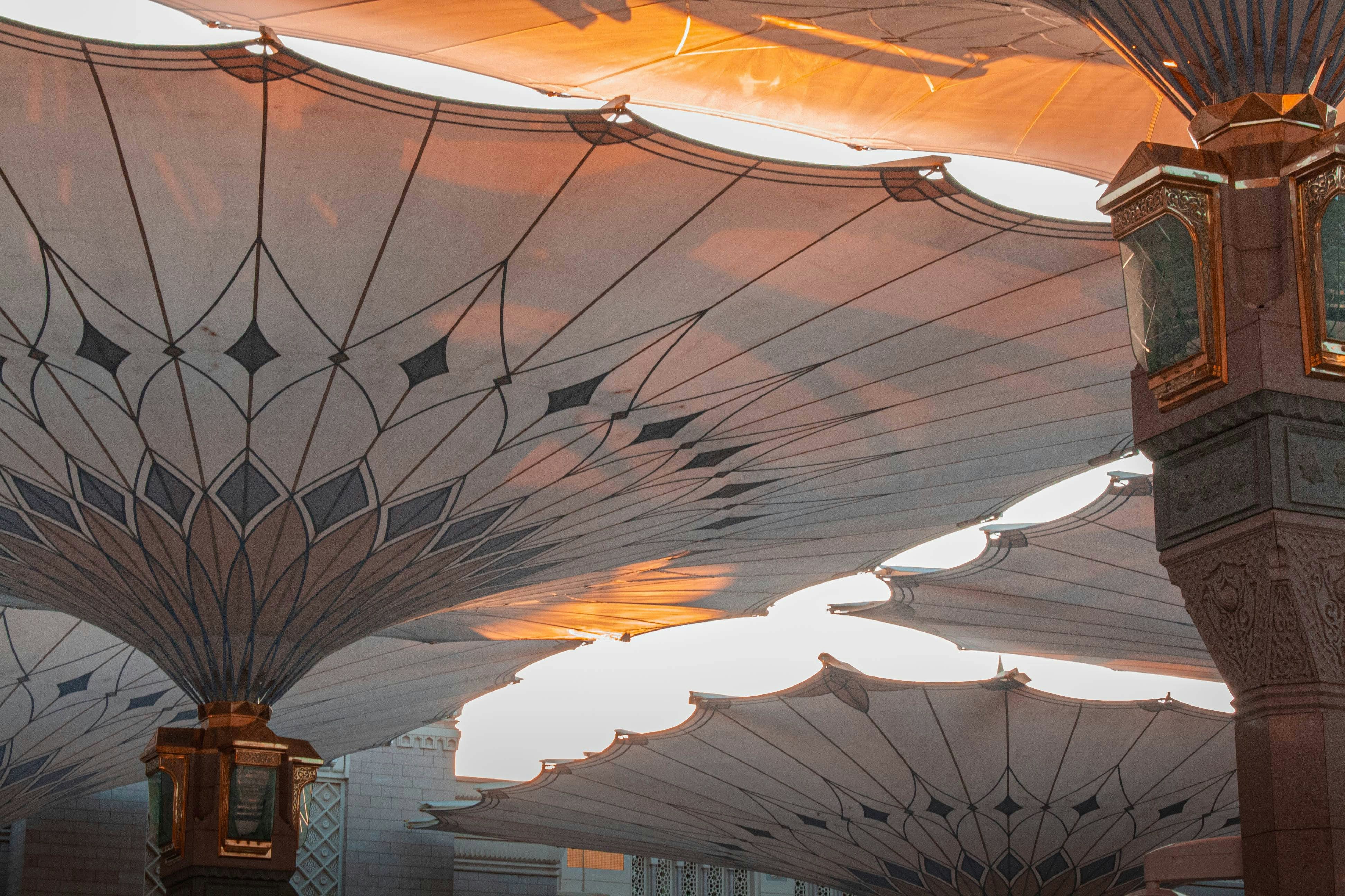 Eine Gruppe von Regenschirmen, die von der Decke eines Gebäudes hängen