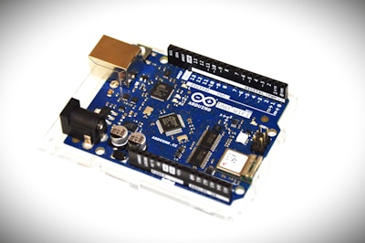 A close up of a blue electronic device