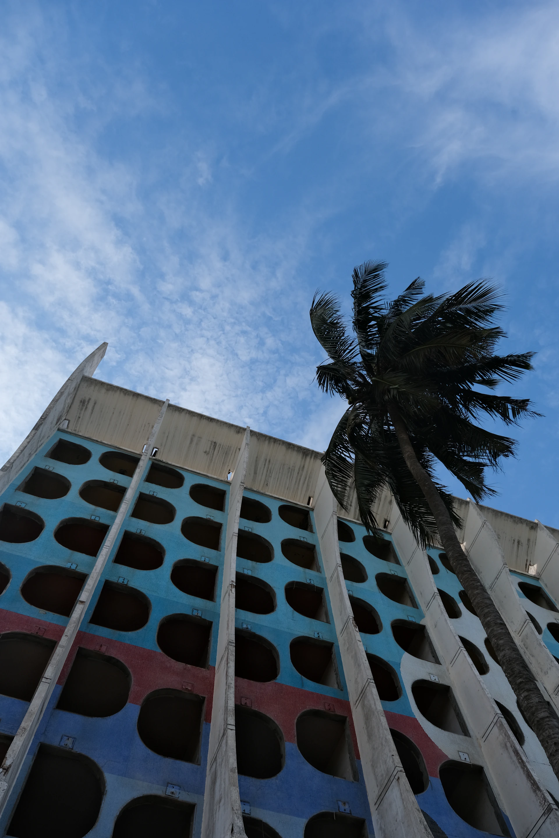 A tall building with a palm tree in front of it