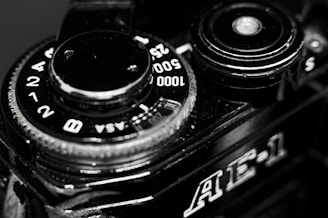 A black and white photo of a camera