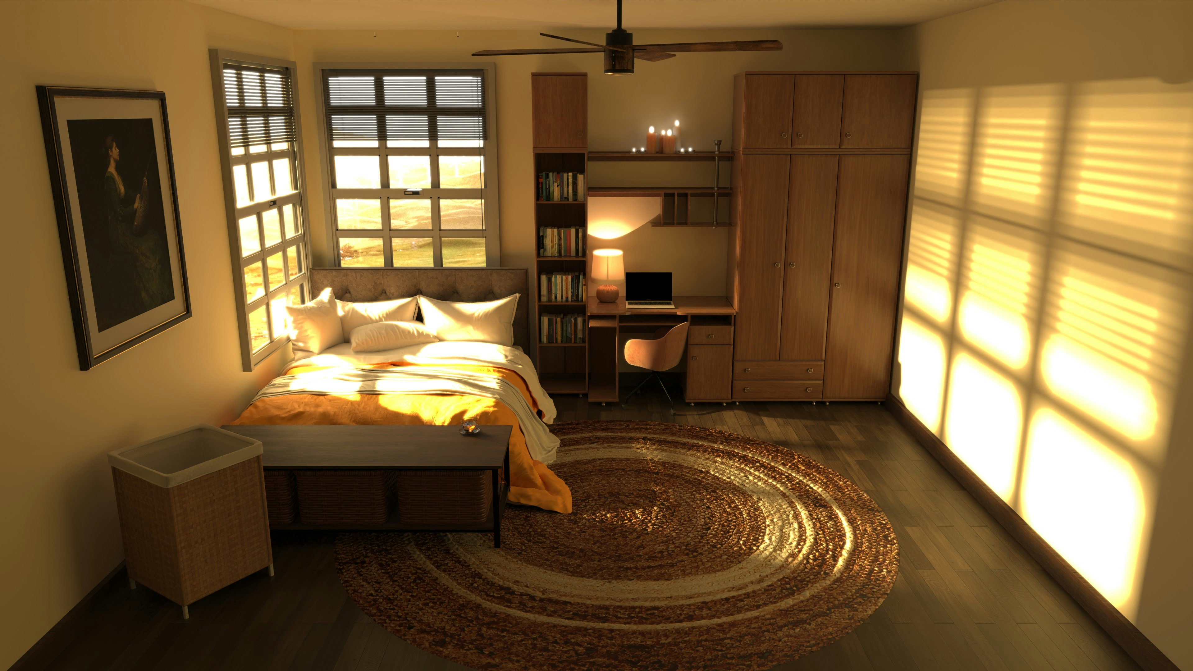 A bedroom with a bed and a rug in it